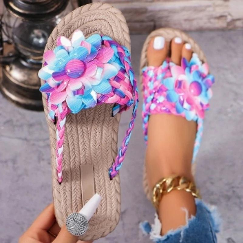 Мода 2024 года, высококачественная женская обувь, летние женские тапочки, разноцветные, с открытым носком, с косами, на низком каблуке, большие размеры, повседневные тапочки для женщин