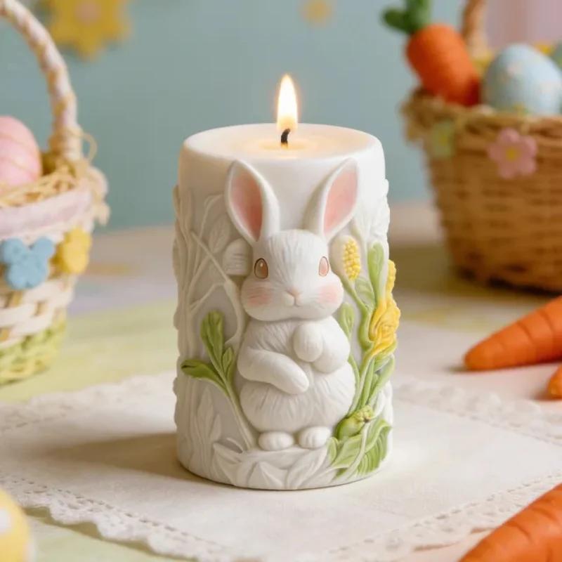 Top Quality Easter Candle Mold Relief Rabbit Candle Silicone Mold Rabbit Relief Crafts Molds Food Grade Cylinder Silicone Mold