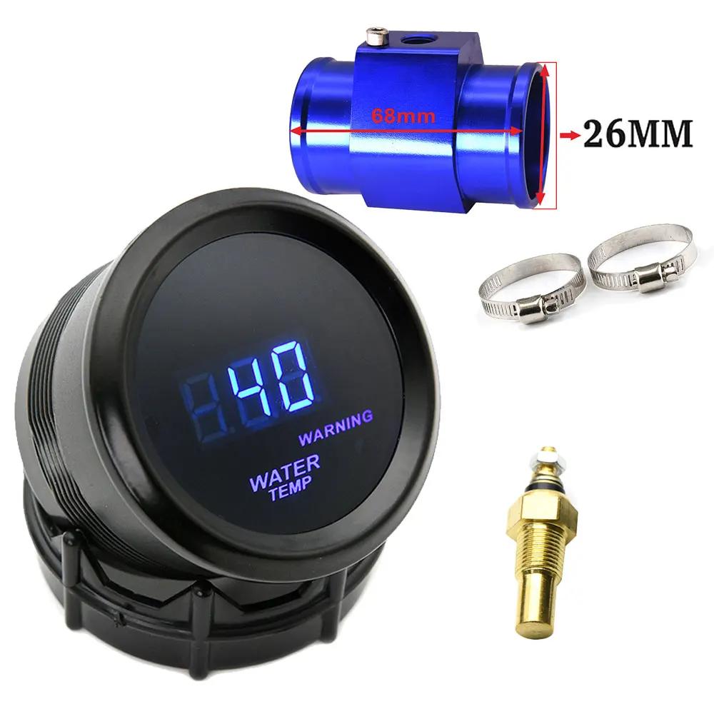 52mm Water Temperature Gauge Blue LED Light with 16mm-40mm Joint Pipe Adapter Black/Blue with Water Temp 1/8NPT Sensor