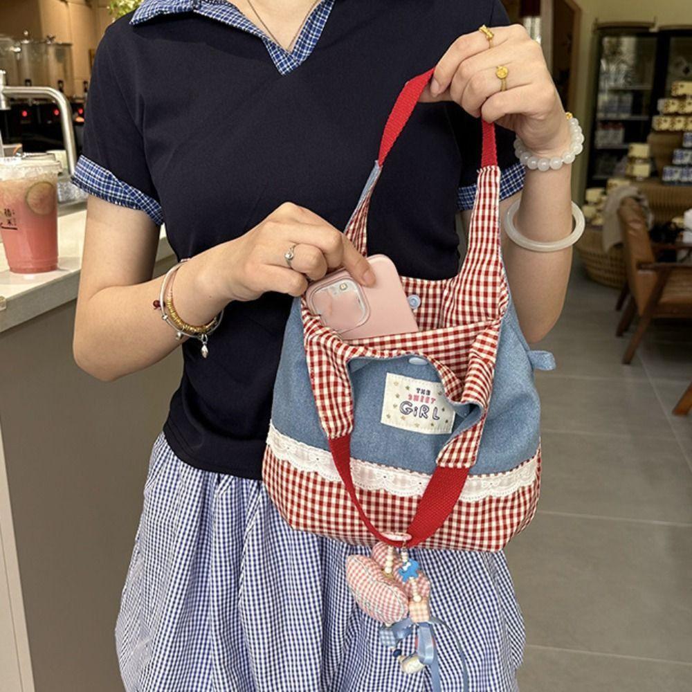 Cowboy Denim Bucket Bag Sweet Cute Wrist Bag Lovely Plaid Canvas Handbag  Streetwear