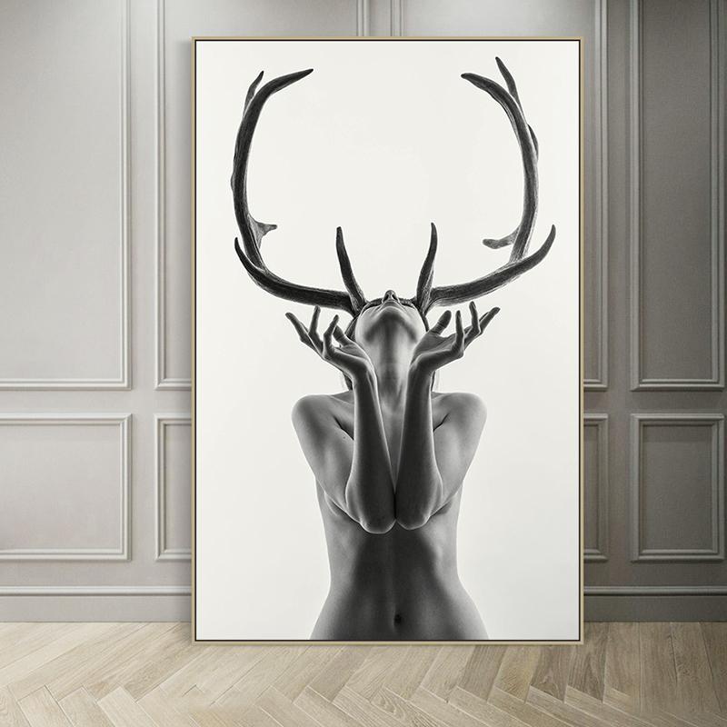 Nordic Simple Black and White Antlers Woman Model Abstract Canvas Painting Art Print Poster Wall Picture for Home Decoration