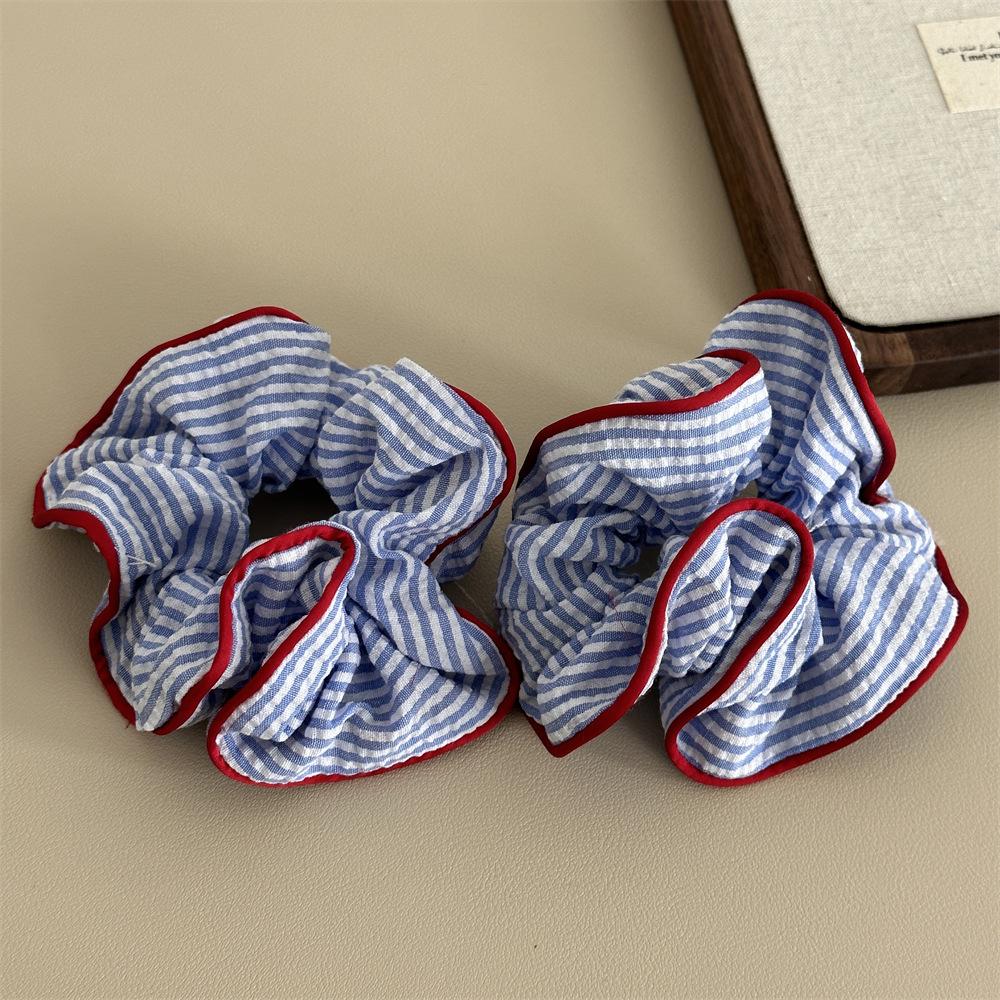 1PC Blue And White Striped Clashing Large Intestine Hair Ring Fresh Ponytail Hair Ring Hair Rope Sweet Marble Head Plate