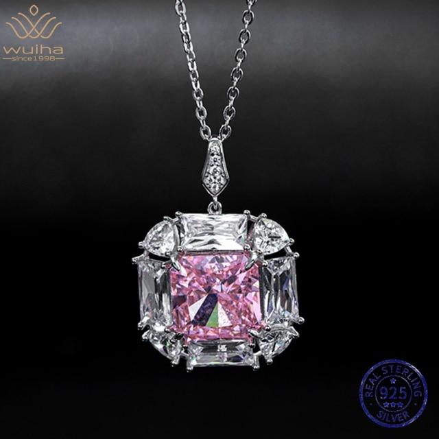 Real 925 Sterling Silver Crushed Ice Cut 12 *12mm Pink Sapphire Created Moissanite Diamond Pendant Necklaces For Women Gift