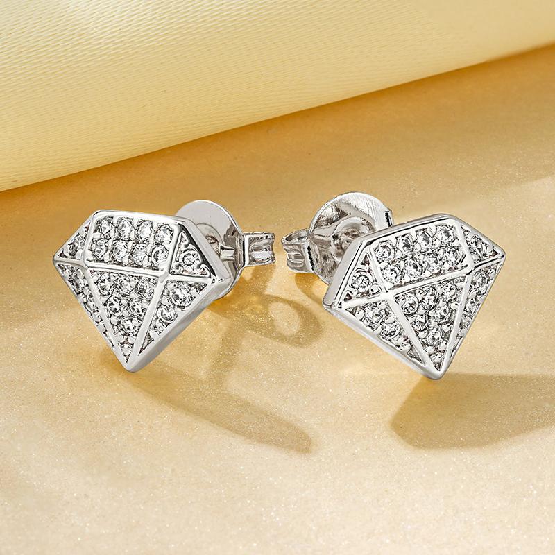 Rrjzz Sparkling Diamond Shaped 14k Gold Plated Unique Earrings Fashion CZ Simulated Diamond Ear Stud for Women Men Jewellery