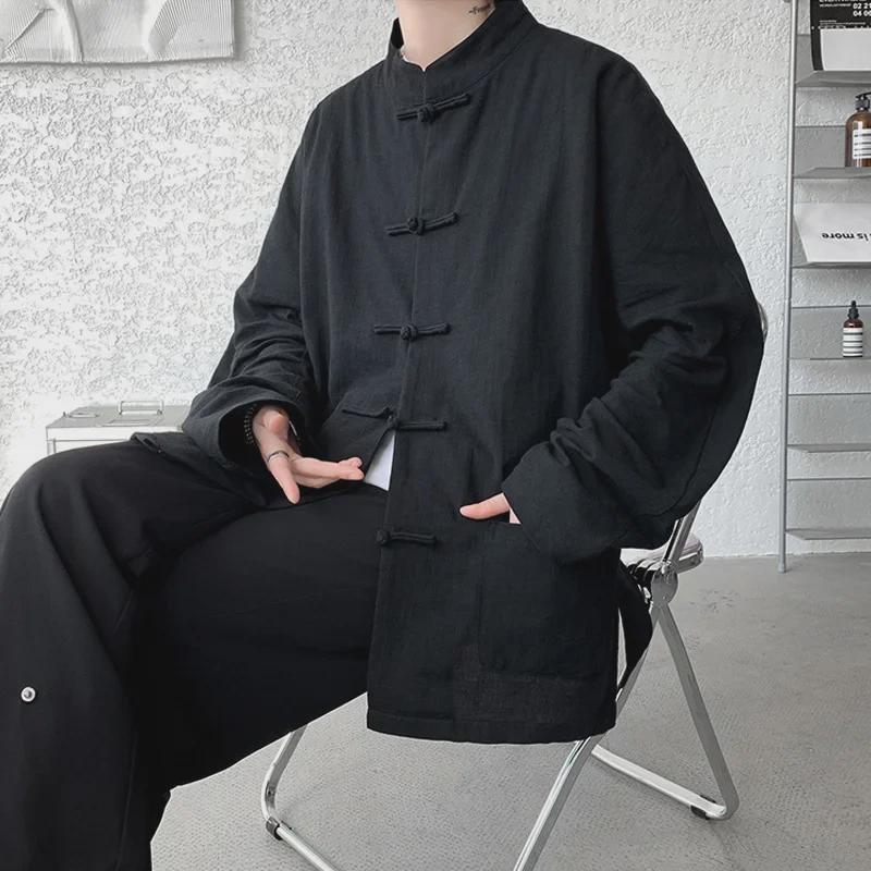 Мужская льняная рубашка с длинным рукавом в китайском стиле с пуговицами, пиджак в стиле ханьфу-тан, большой размер