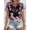 Летний топ с круглым вырезом и 3D-принтом в виде кота и цветов, модные повседневные женские футболки с короткими рукавами