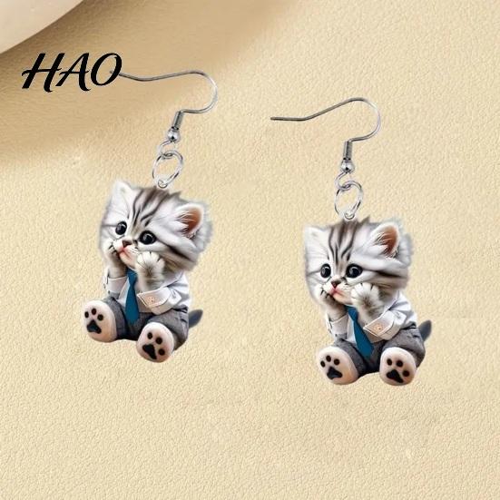 Cat Earrings 1 Pair Women Hook 2D Realistic Shape Animal Theme Individual Ear Jewelry Dangle Anniversary Christmas Gift Hanging Lady Acrylic