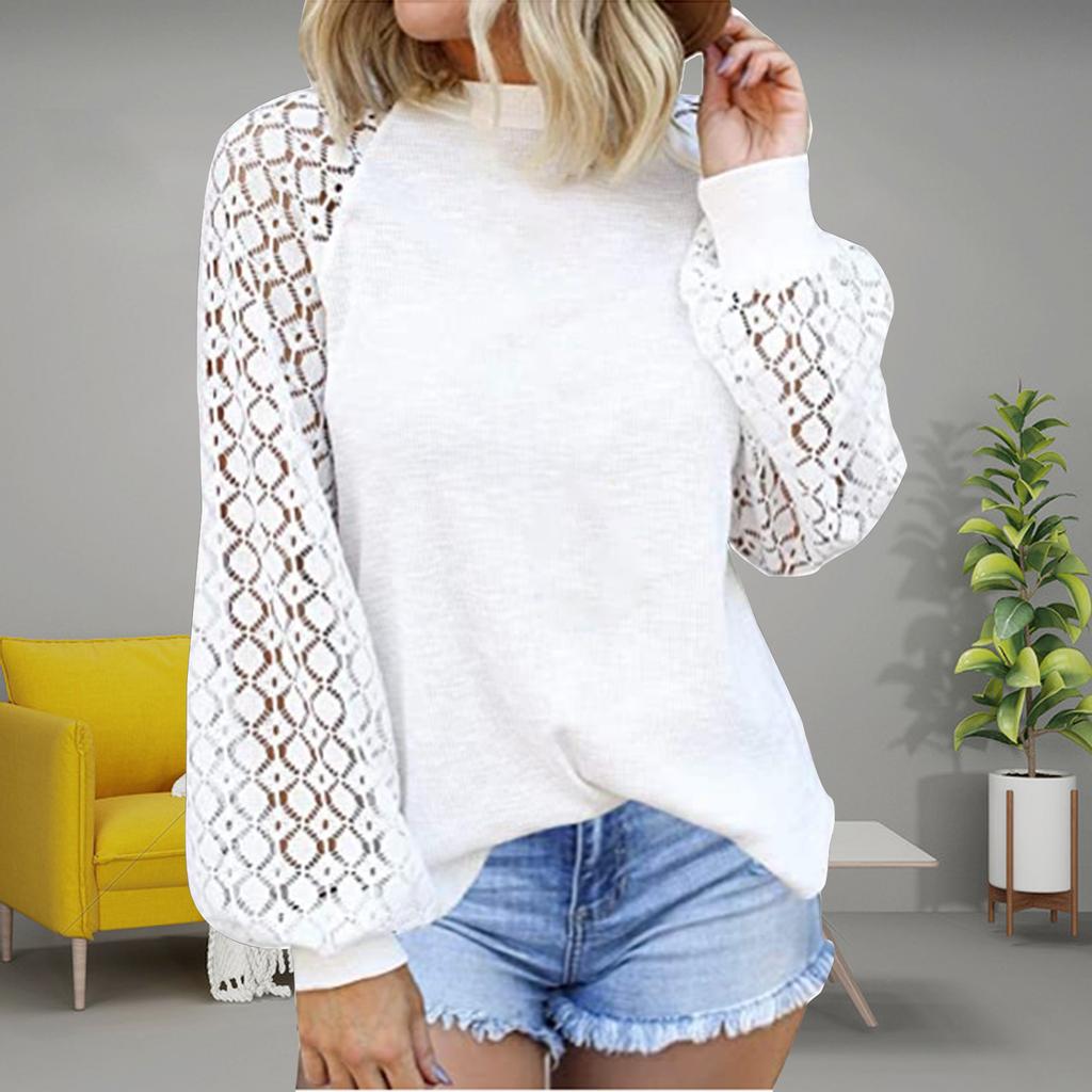 Женская мода с круглым вырезом и кружевом с длинным рукавом, повседневный свободный топ, пуловер