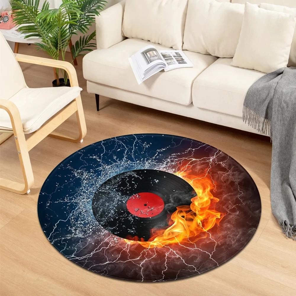 Круглый ковер из хрустального велюра «Вода и Огонь», Нескользящий коврик с принтом виниловой пластинки для гостиной, спальни, домашнего декора, Круглый ковер