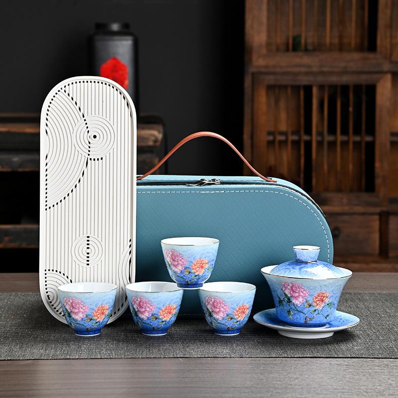 Gradual change enamel ceramic portable travel tea set one pot four cups tea tray teapot cover bowl grilled flower tea set