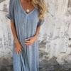 Fashion V Neck Cotton Linen Short Sleeve Loose Plus Size Dress Women Casual Solid Color Summer Dresses