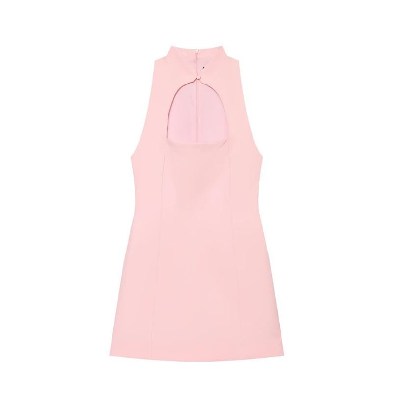 New Chinese Style Hollow Mini Dress Stand Collar Sleeveless A-Line Split Short