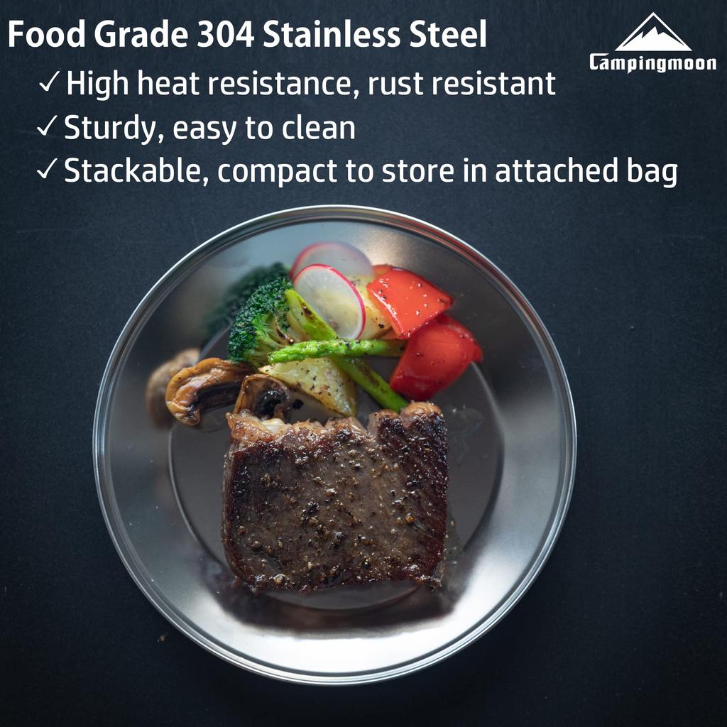 CAMPING MOON Tableware Camping Plate Stainless Steel Tableware Set 8 Pieces Comes with Canvas Case S395-2S