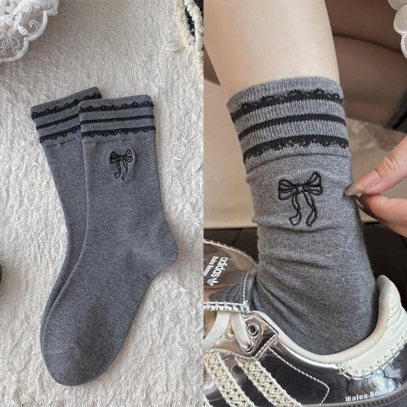 Bow Embroidered Socks Striped Lace Sweet Mid-Leg Socks Worn Outside Lace Pile Socks