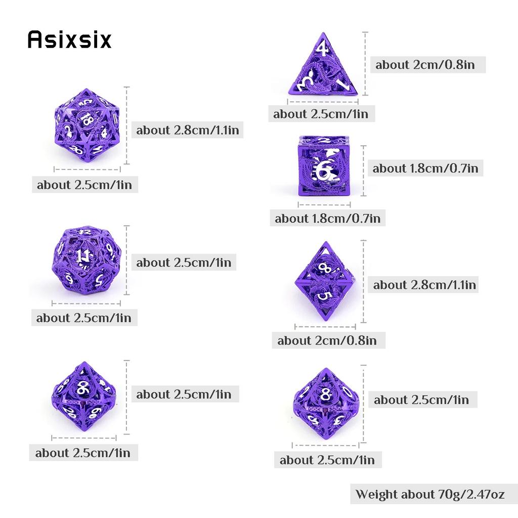 7 Pcs Purple White Dragon Metal Dice Hollow Metal Polyhedral Dice Set Suitable for Role-Playing RPG Board Game Card Game