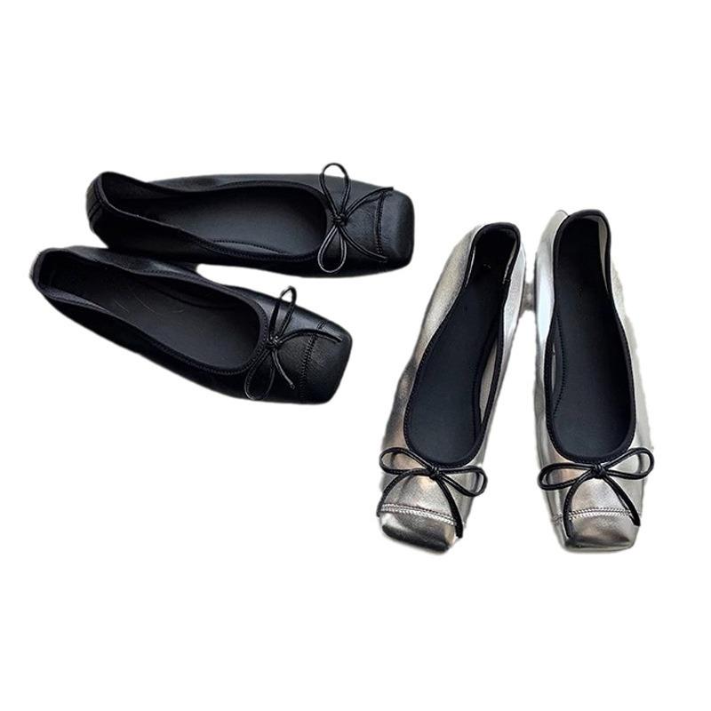 Виноградный мать дочь возвращается балетный стиль сращивание маленький квадратный носок неглубокий вырез одна педаль плоская подошва бант плоская подошва одинарная обувь женщины