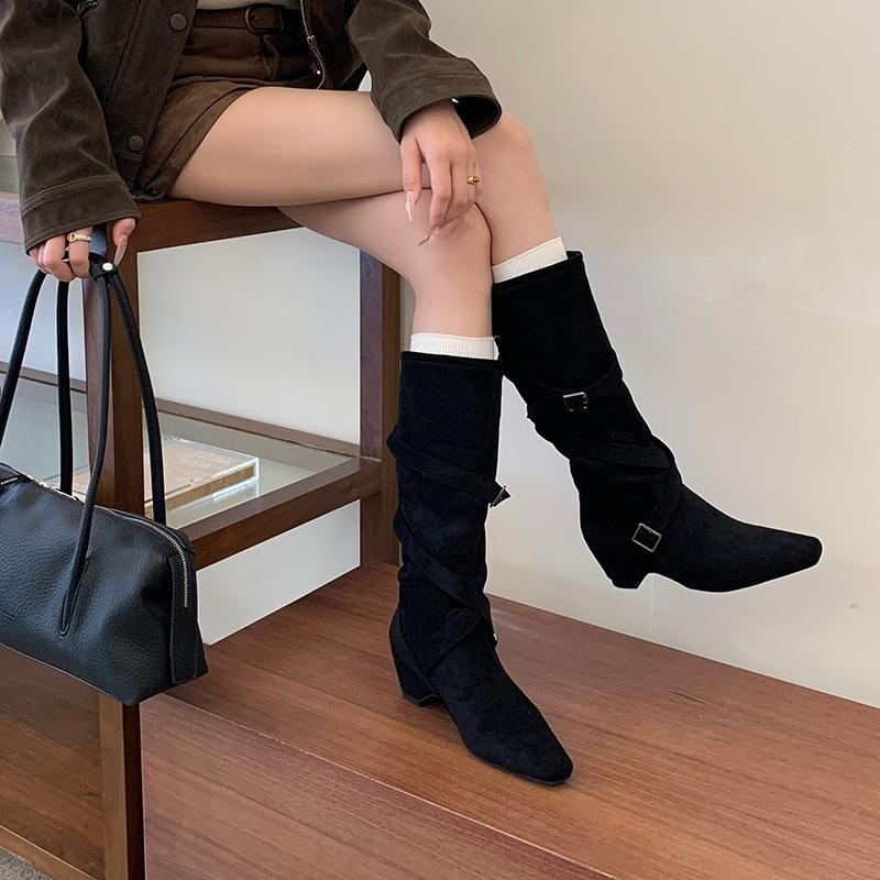 Autumn and Winter Slope Heel Suede Cross with Square Head Suede Medium Boots Metal Buckle Stacking Boots