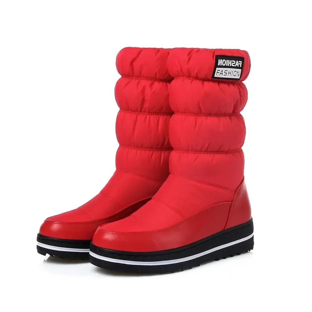 Зимние полусапоги до середины икры больших размеров для женщин, теплые плюшевые синие красные уличные водонепроницаемые на танкетке платформе эластичные слипоны