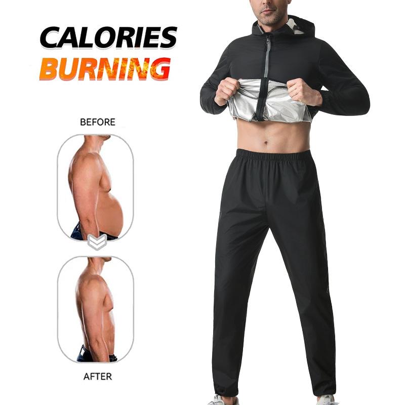 Men Hooded Sauna Sweat Suit Full Zipper Jacket Pants Set, Workout Body Shaper for Running Gym Training