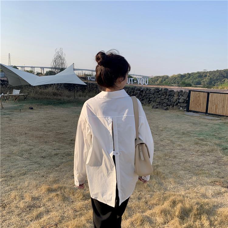 Autumn Long Sleeved Shirt Women's Top Split White Retro Hong Kong Style Shirt Trend