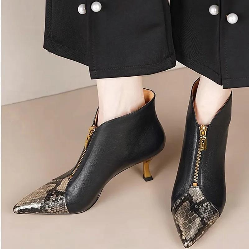 Мода 2024 года, модная женская обувь, женские ботильоны, современные модельные ботинки, женские туфли смешанных цветов с острым носком и молнией спереди на высоком каблуке