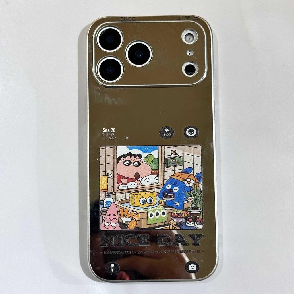Зеркальный чехол для телефона Shin-chan для iPhone 17 Pro Max/16 Pro/15 с серебряным ободком