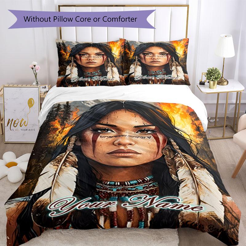 3pcs Custom Name Native Spirit Fire Bedding Set Printed Bedding Set Duvet Cover Closure Includes 1 Duvet Cover & 2 Pillowcases Bedroom Decor