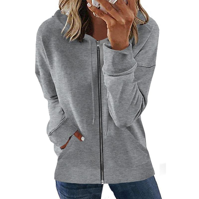 New European and American Autumn and Winter Zipper Cardigan Jacket Women's Casual Solid Color Loose Versatile Hooded Jacket Top
