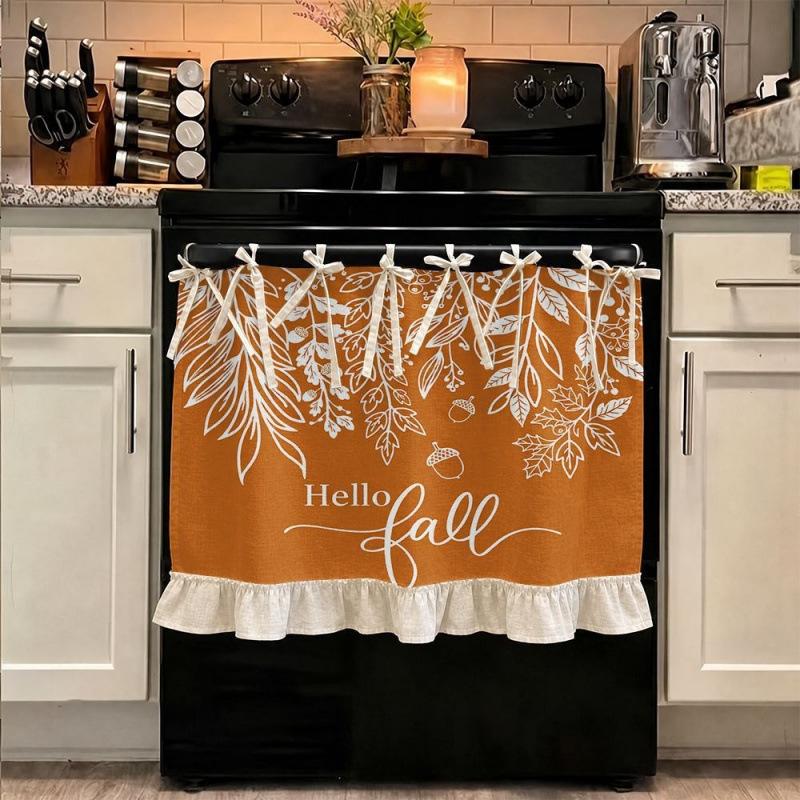 2D Halloween Autumn Pumpkin Pattern Oven Protective Curtain Dishwasher Cabinet Decor Cover Kitchen Tie Top Short Valance Curtain for Home Decoration