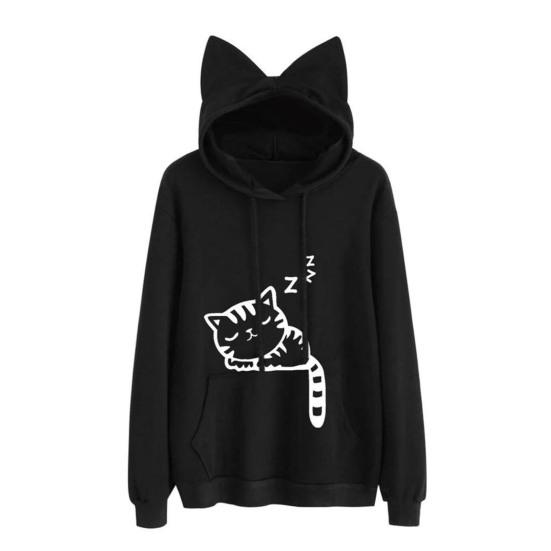 Women Fall Winter Hoodie with Big Pocket Cat Ear Decor Kitty Printing Hooded Full Sleeves Loose Pullover Home School Sport Top