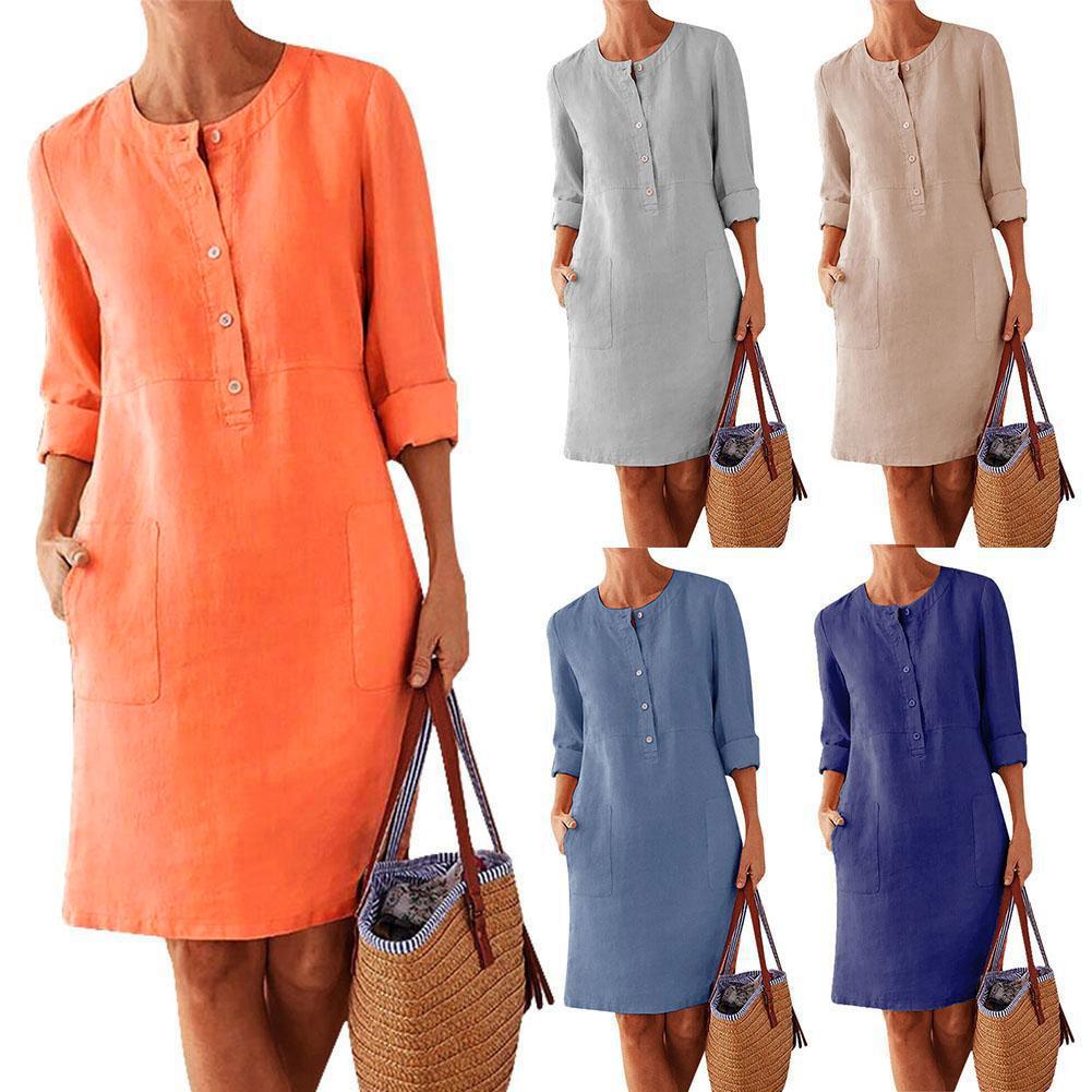 Cotton Linen Long Sleeve O-neck Knee Dresses for Women Pocket Solid Fashion Party Dress Plus Size Ruched Dress