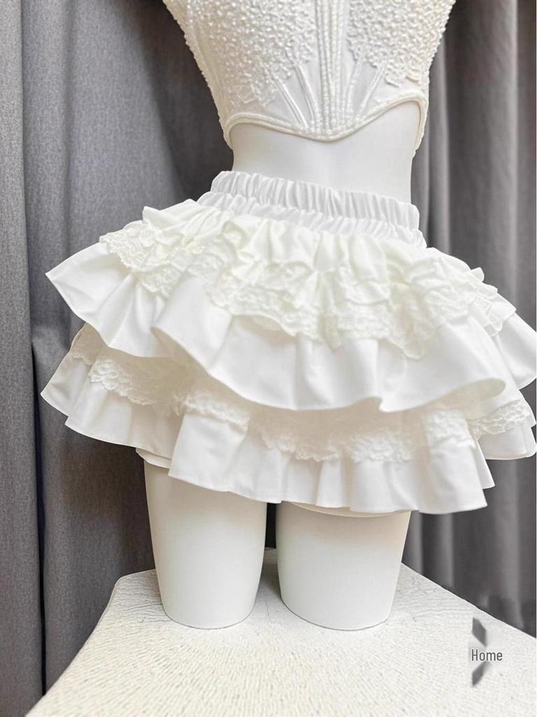 2025 Белая юбка с высокой талией, кружевным узором, в стиле «сладкое сердце», пышная, со слоем против просвечивания