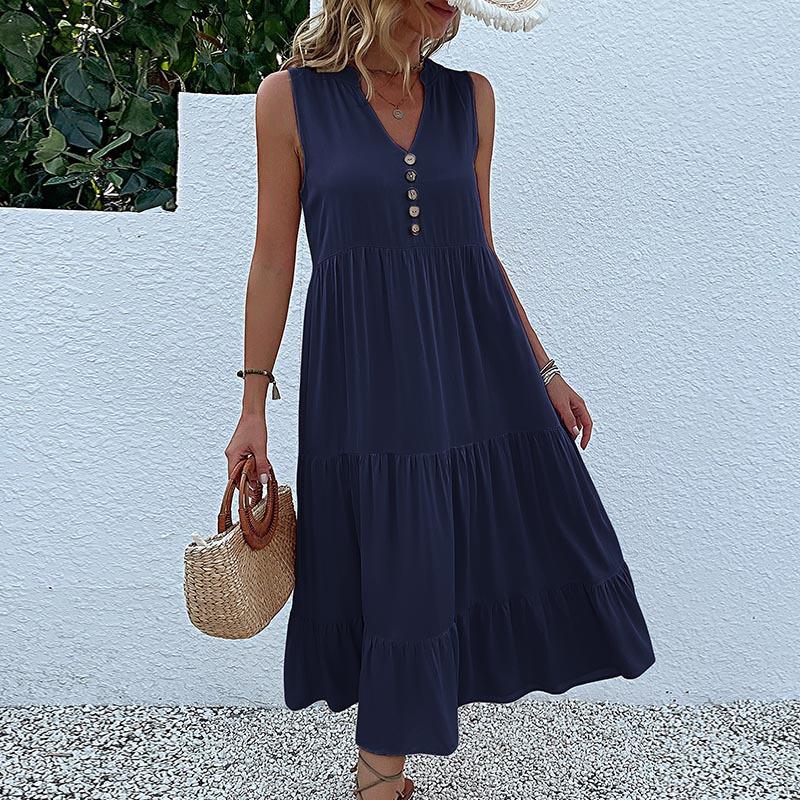 Sleeveless V Neck Casual Summer Women Dress Fashion Loose Elegant Office Ladies Dresses Layered Ruffled Solid A-line Female Dress 922