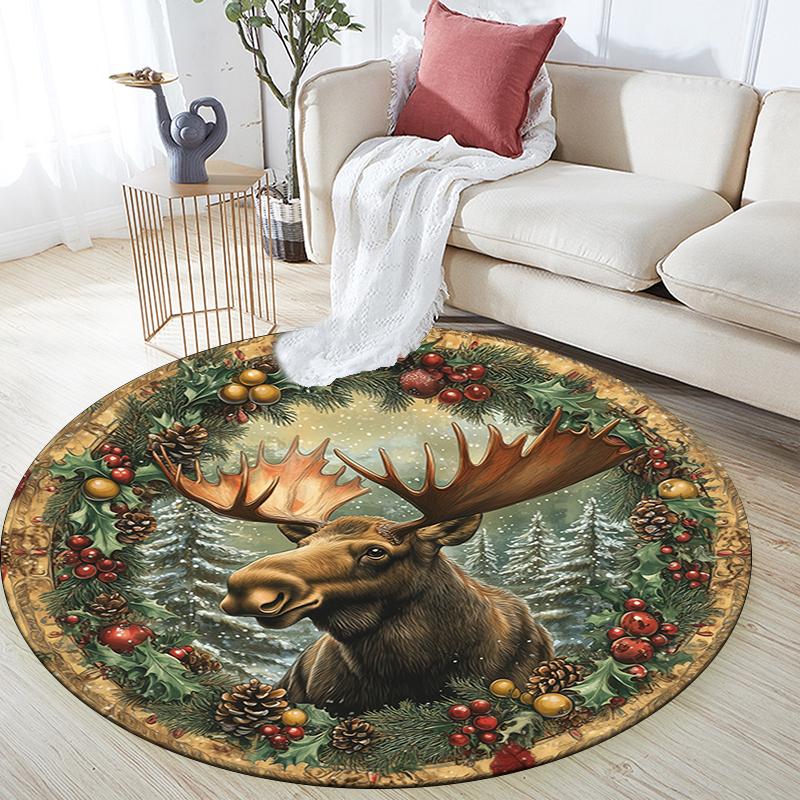 Christmas animals pattern round rug,Carpet Rug for Living Room Bedroom Playroom ,Non-slip Floor Mat,Holiday Gifts and Birthday Gifts.