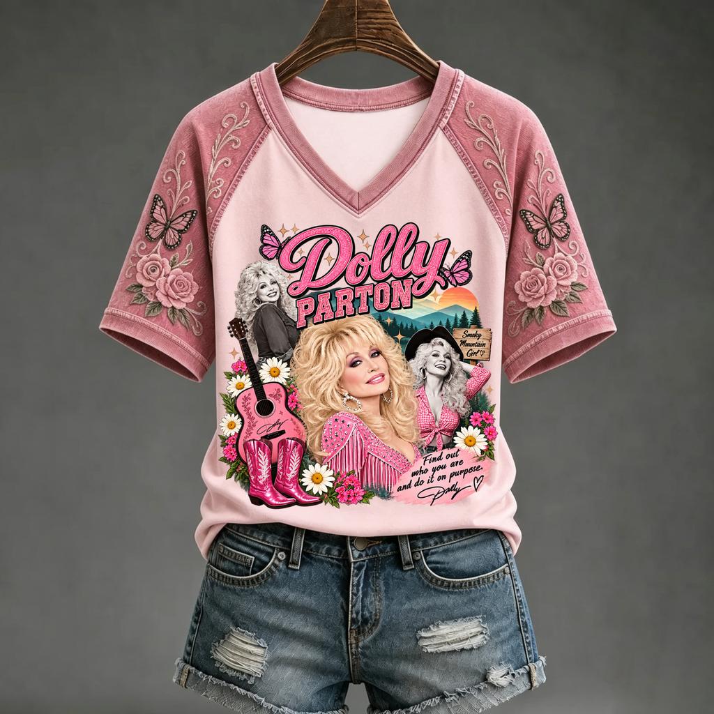 Women's V-Neck Short Sleeve Raglan Printed Top Casual Blouse