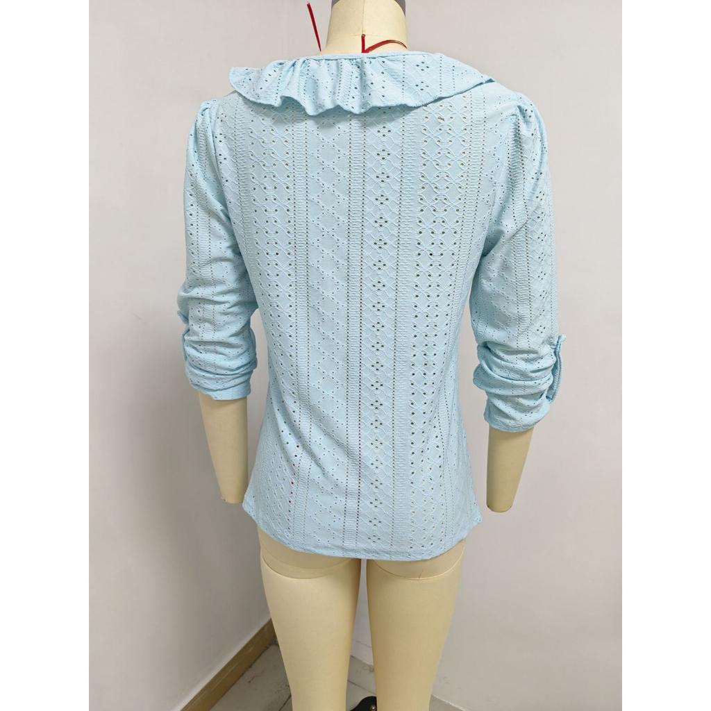 New Women's Long Sleeve V-Neck Ruffle Solid Color Elegant Slim Fit Versatile Top, European & American Style