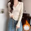 Retro Polo Lapel Long-sleeved T-shirt for Women Early Autumn New Design V-neck Slim Pleated Waist Bottoming Top
