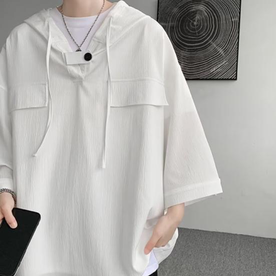 Весенне-летние мужские верхние нагрудные карманы большого размера в стиле хип-хоп, сплошной цвет, с капюшоном, рукава три четверти, тонкая кулиска, мягкая дышащая уличная рубашка, толстовка