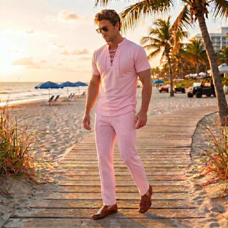 Men S Summer Oversize Two Piece Short Sleeve Shirt And Pants Set With Tie Straps
