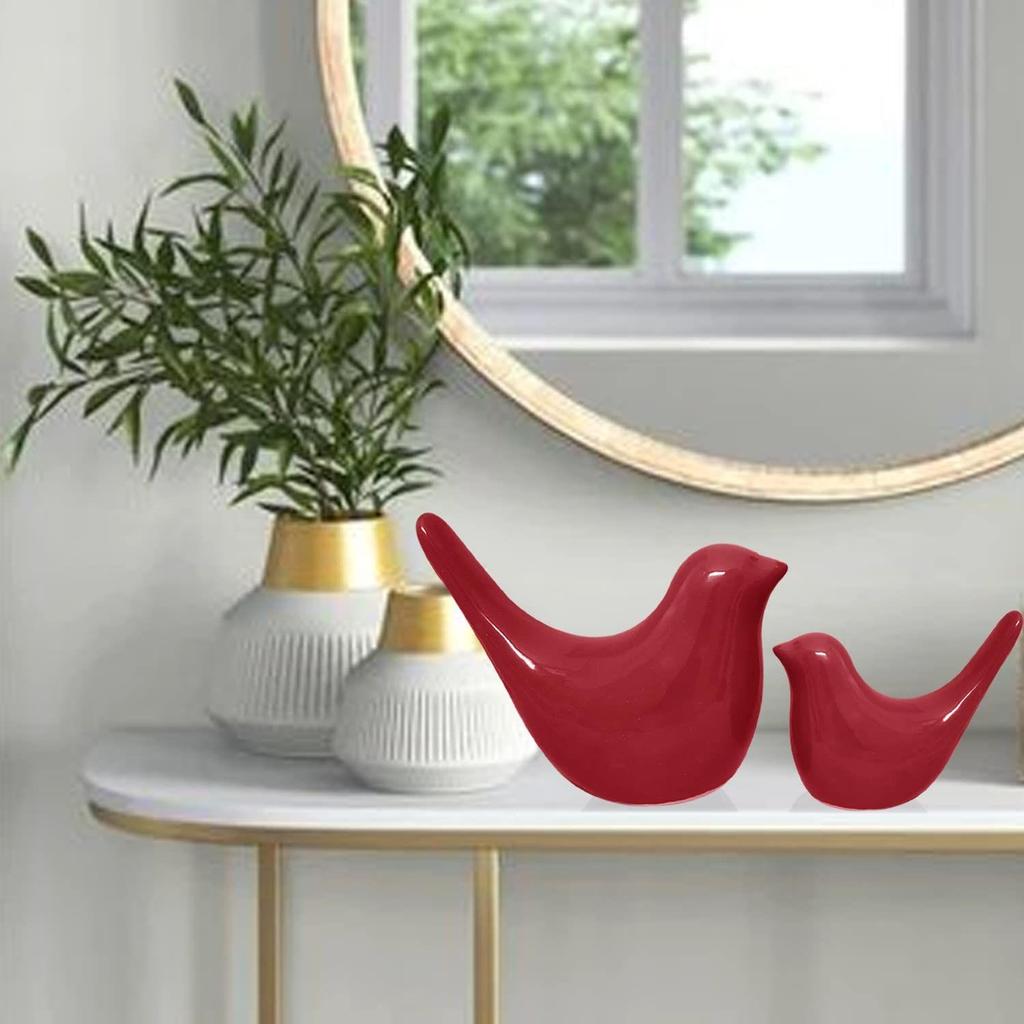 Creative Red Glossy Ceramic Birds Figurines Home Decorations Accessories Party (Pack of 2, Red)