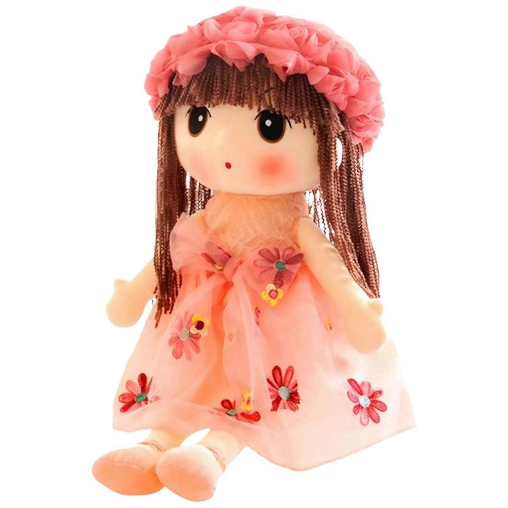 Cute and realistic fabric doll for girls, 18inch plush doll with floral dress, hat, shoes, and long hair.