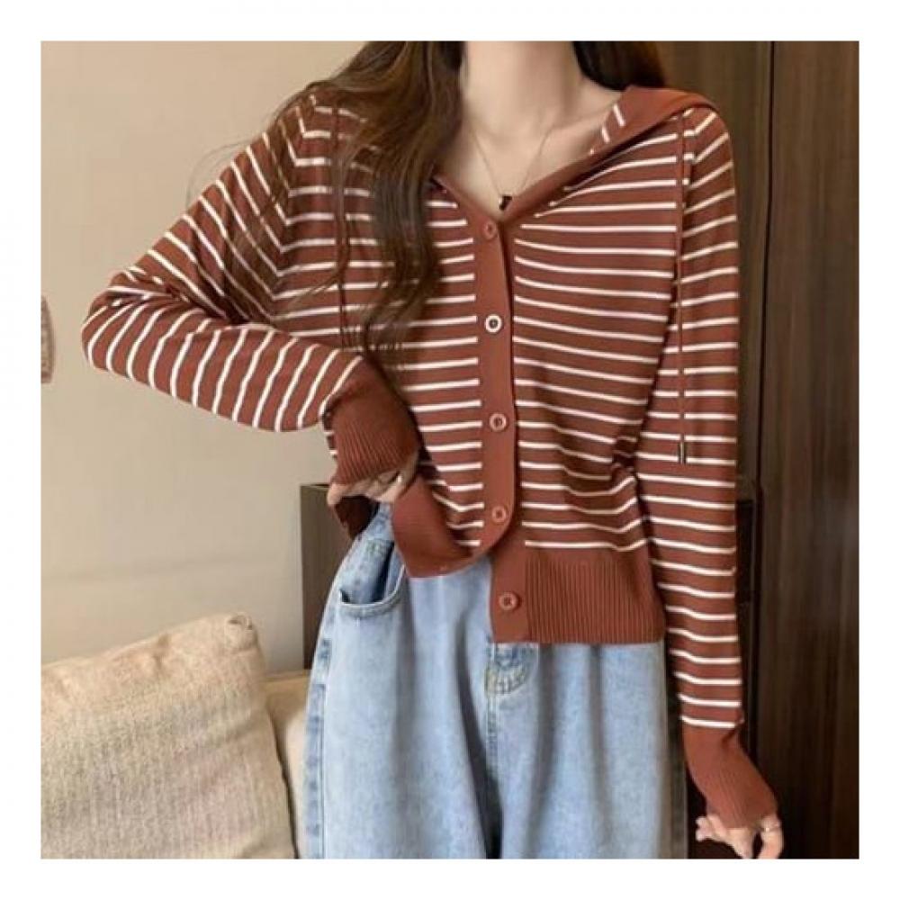 Navava Nk2309 Striped Long Sleeve Hooded Knit Cardigan