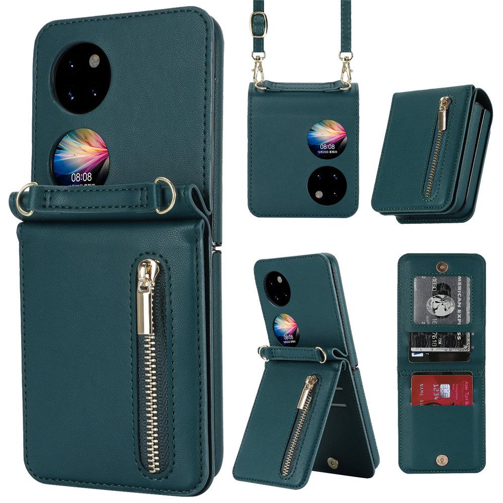 Длинный шнурок на молнии, чехол-кроссбоди со слотом для карт для Huawei P50 Pocket 2, кошелек, кожаная подставка, чехол для P50 Pocket