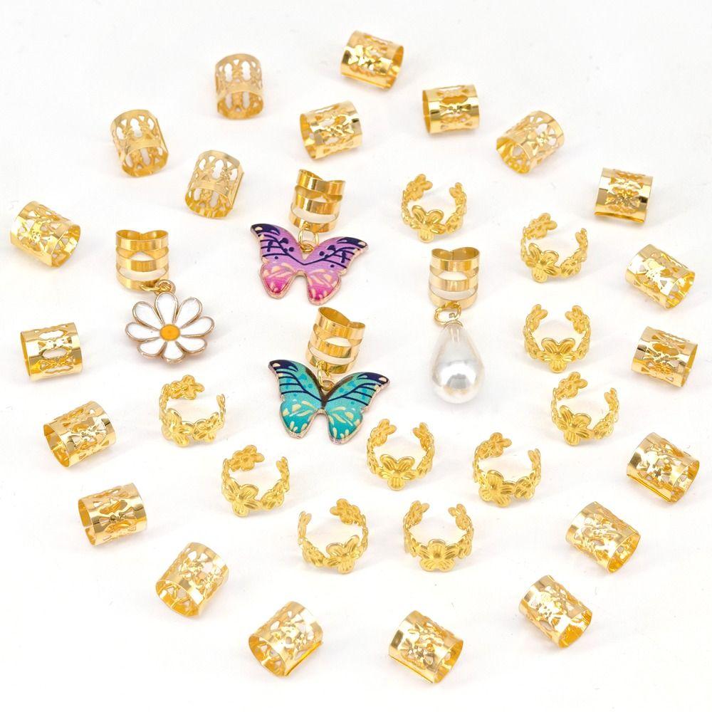 34pcs Dread Locks Hollow Out Hair Ring Butterfly Hair Braid Tubes Gold Dreadlocks Beads  Women