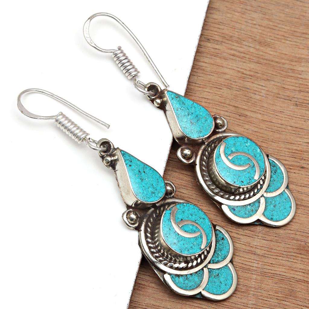 Tibetan Turquoise Coral Red Earrings Nepali Tribal 12gms 1.5" 1.6" Chunky Gift