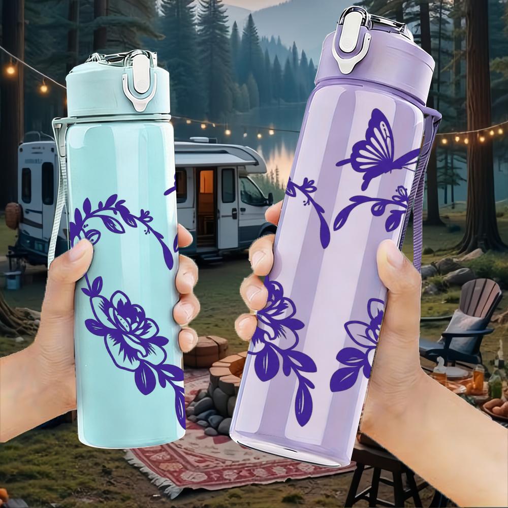 1PC Purple Floral Wreath Heart 750ml Color Plastic Sports Water Bottle Leakproof Flip Straw Lid Suitable for Sports Office Home Use