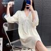 [Strict selection] French court style long-sleeved nightdress with chest pad elegant and sweet pajamas satin thin loungewear women's