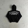 Mens Gray Hooded Zip-Up Sweatshirt Set With Graphic Print Cotton Blend Fleece-Lined Loose Fit Fall Casual Wear
