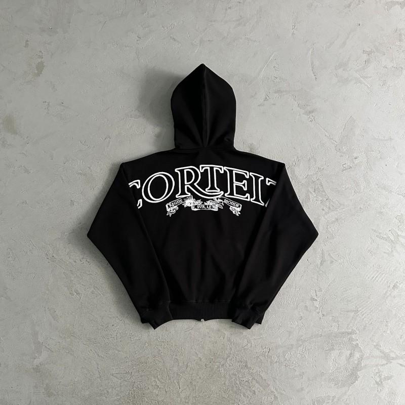 Mens Gray Hooded Zip-Up Sweatshirt Set With Graphic Print Cotton Blend Fleece-Lined Loose Fit Fall Casual Wear