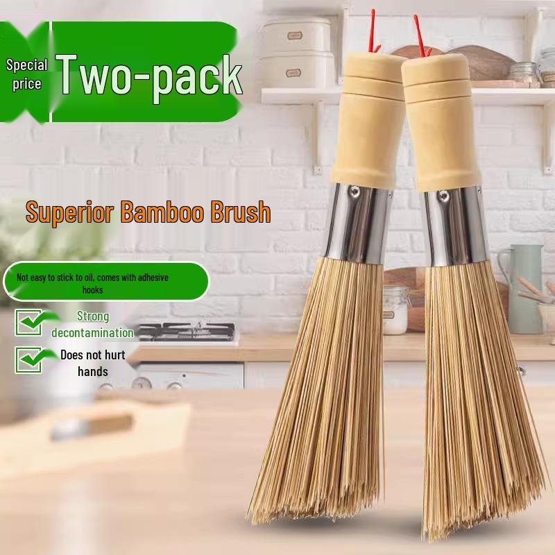 Natural Bamboo Kitchen Brush Set: Old-Fashioned Pot Brush, Dishwashing Brush, Bamboo Broom, and Loofah Silk Brush.